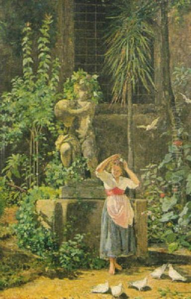 Madchen Mit Tauben Vor Statue In Verwildertem Garten Oil Painting by Cesare Caroselli