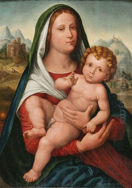 Madonna Mit Kind Halbfigur Der Maria, In Ihren Armen Das Frontal Den Betrachter Anblickende Jesuskind, Vor Einem Landschaftshintergrund Mit Bergen Und Architektur Oil Painting by Giovanni Francesco Caroto