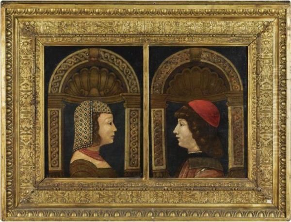 Double Portrait Of A Woman With A Decorative Headdress, And A Man With A Red Cap, Both En Profile, In A Stone Niche Oil Painting by Ambrogio de Predis