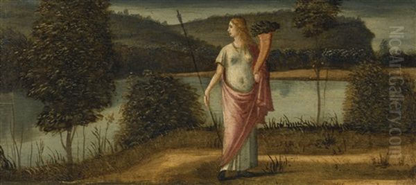 Allegorical Figure Of A Woman In A Landscape Holding A Spear And A Cornucopia, Possibly An Allegory Of Virtue Oil Painting by Vittore Carpaccio