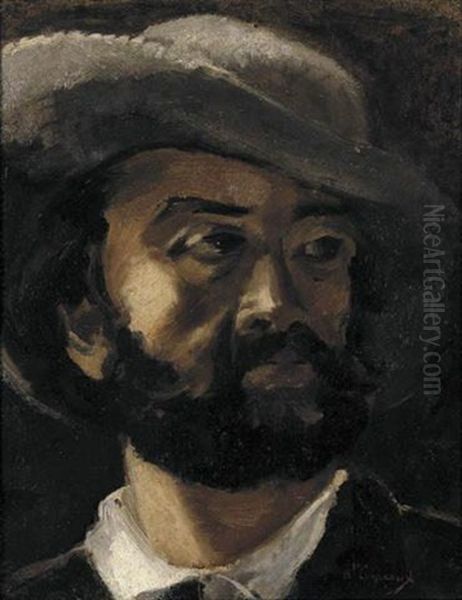 Portrait Of A Man Wearing A Grey Hat, (antoine Vollon?) Oil Painting by Jean-Baptiste Carpeaux