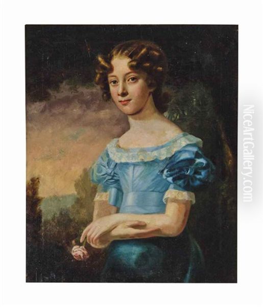 Portrait Of A Girl, Three-quarter-length, In A Blue Dress, Holding A Rose Oil Painting by Margaret Sarah Carpenter