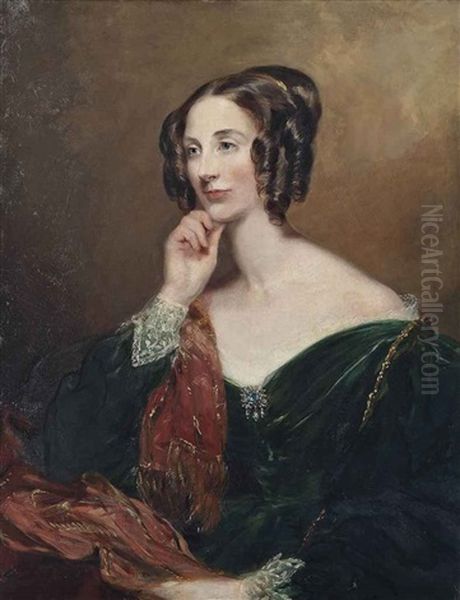 Portrait Of Lady Charlotte Penelope Sturt (1802-1879), Half-length, In A Green Dress With Lace Cuffs And A Red And Gold Wrap Oil Painting by Margaret Sarah Carpenter