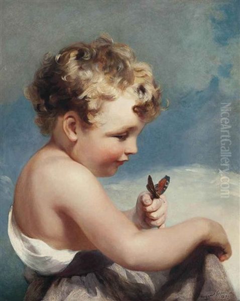 A Child Holding A Butterfly Oil Painting by Margaret Sarah Carpenter