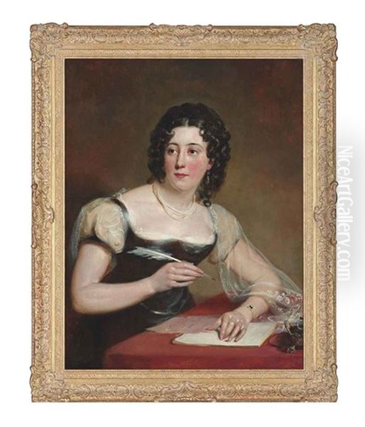 Portrait Of A Lady, Half-length, In A Black Dress, Writing A Letter At A Desk by Margaret Sarah Carpenter