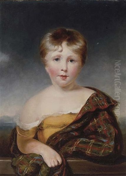 Portrait Of A Child In Plaid Leaning On A Balustrade Oil Painting by Margaret Sarah Carpenter