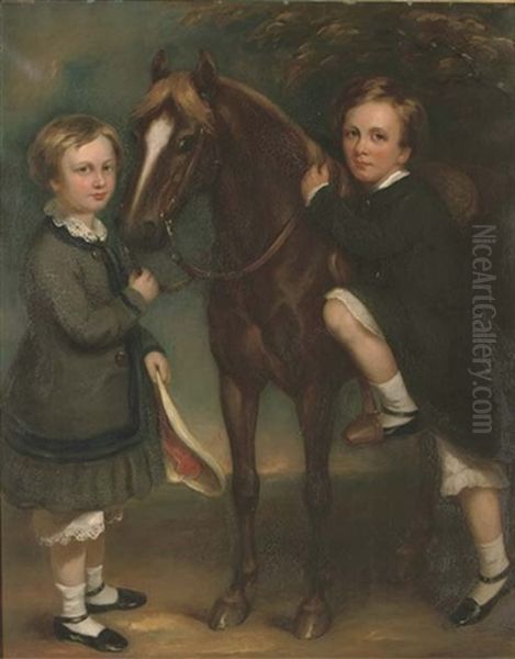 Double Portrait Of Children, Full-length, With A Pony Oil Painting by Margaret Sarah Carpenter