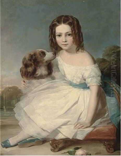 Portrait Of A Girl In A White Dress, Stroking A Spaniel, A Fountain Beyond Oil Painting by Margaret Sarah Carpenter