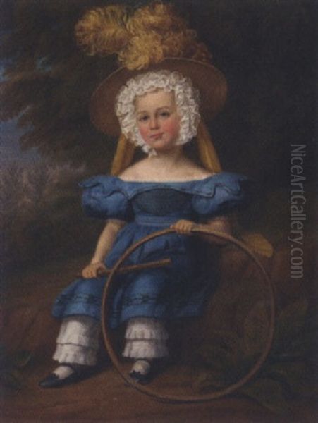 Portrait Of A Boy In A Blue Dress And Feathered Hat, Holding A Hoop, In A Landscape Oil Painting by Margaret Sarah Carpenter