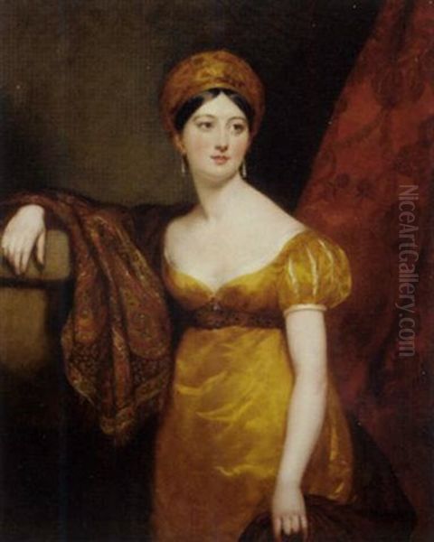 Portrait Of Henrietta Shuckburgh In Empire Style Dress And A Turban, With A Paisley Shawl Draped Over Her Right Shoulder, Standing By A Column Oil Painting by Margaret Sarah Carpenter