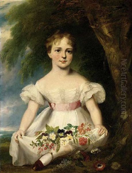 Portrait Of A Girl In A White Dress, Flowers In Her Lap, In A Landscape Oil Painting by Margaret Sarah Carpenter