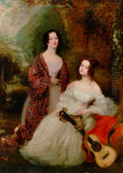 Portrait Of Two Sisters, One Seated In White Dress, And The Other In Pink Dress And Shawl Oil Painting by Margaret Sarah Carpenter