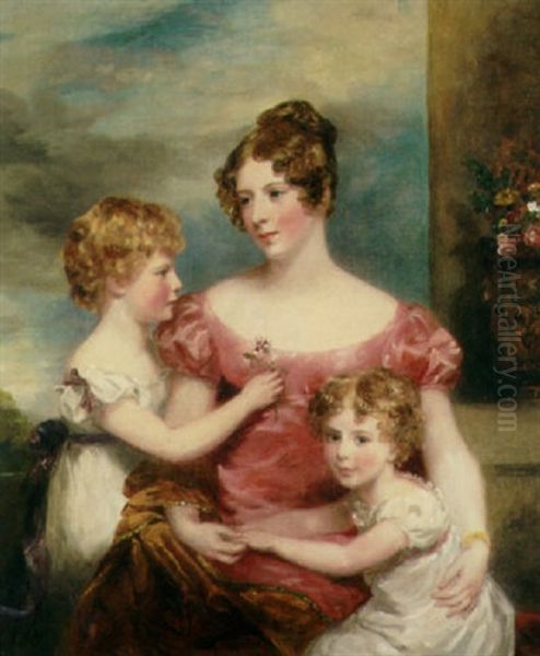 A Portrait Of A Lady In A Pink Satin Dress With Her Two Children Oil Painting by Margaret Sarah Carpenter