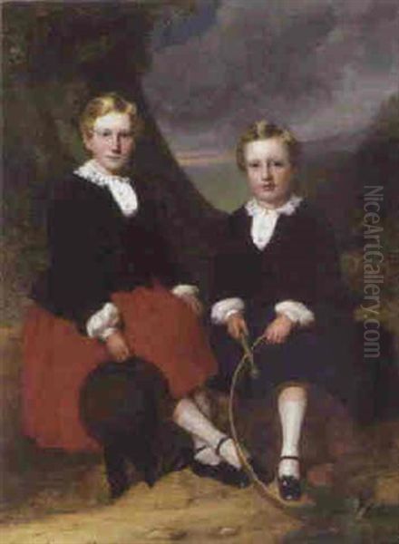 Portrait Of Two Girls, Full-length, Seated In A Landscape Oil Painting by Margaret Sarah Carpenter