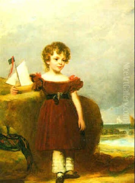 Portrait Of A Young Boy Standing By A Rock Holding A Toy Boat, A Seascape Beyond Oil Painting by Margaret Sarah Carpenter