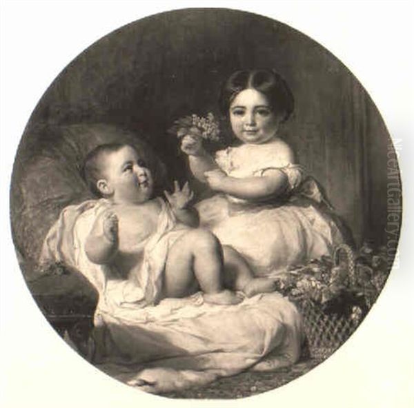 Portrait Of A Baby And Young Child Seated Beside A Basket Of Lilac Oil Painting by Margaret Sarah Carpenter