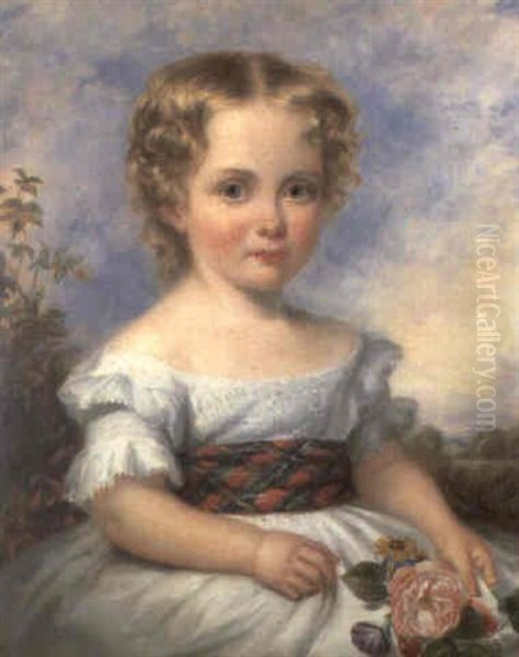 Portrait Of A Young Girl Half Length Wearing A White Dress, A Tartan Sash, Holding A Rose In A Landscape Oil Painting by Margaret Sarah Carpenter