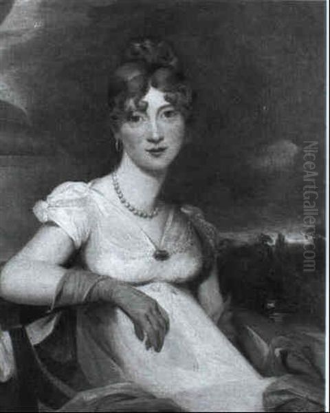 Portrait Of A Lady, Seated Half Length, Wearing A White     Dress And A String Of Pearls, A Landscape Beyond Oil Painting by Margaret Sarah Carpenter