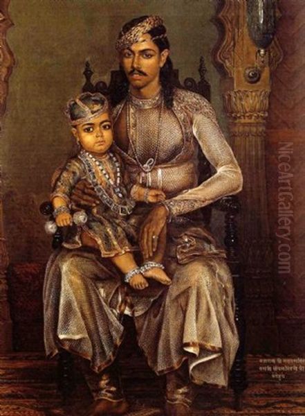 Maharajah Jaswant Singh Of Bharatpur, Aged Three, Seated With The Regent, Saval Singh Oil Painting by William Carpenter