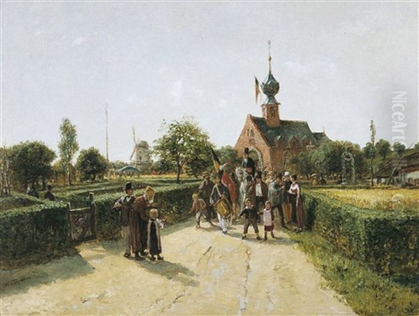 Village Campinois En Ambiance De Fete Oil Painting by Henri Joseph Gommarus Carpentero