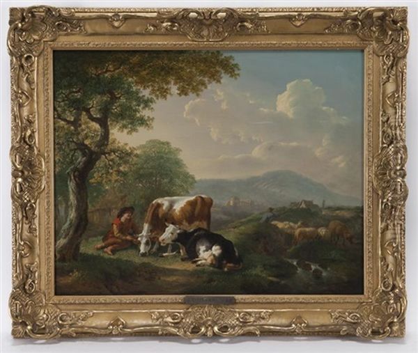 Herdsman With Cattle Oil Painting by Jean Charles Carpentero