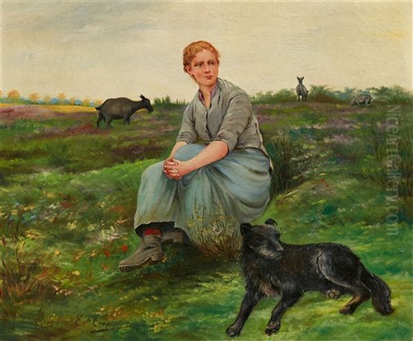 A Goatherd And Her Dog Oil Painting by Evariste Carpentier