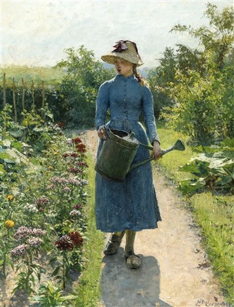 Girl With Watering Can Oil Painting by Evariste Carpentier