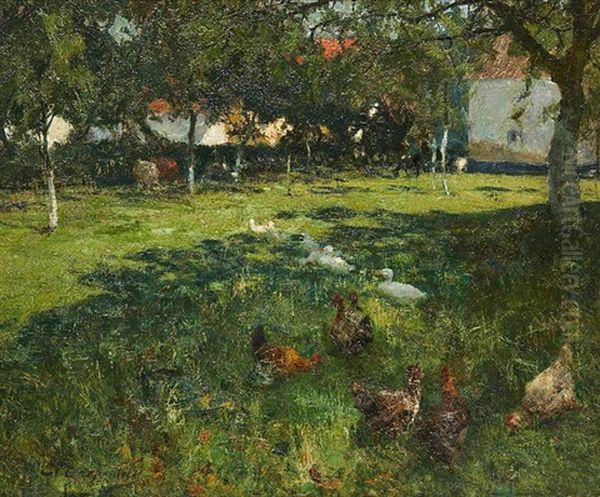 Canards Et Poules Au Pre Oil Painting by Evariste Carpentier