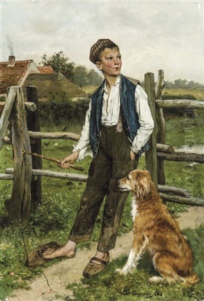 Le Siffleur (jeune Garcon Et Son Chien) Oil Painting by Evariste Carpentier