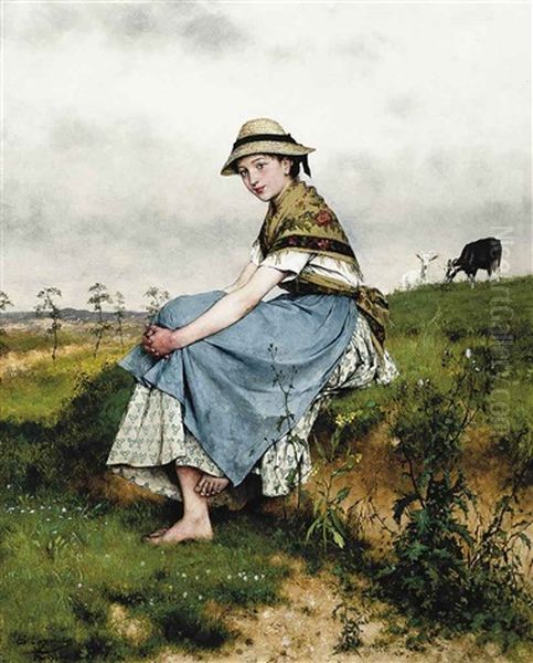 The Little Goatherd Oil Painting by Evariste Carpentier