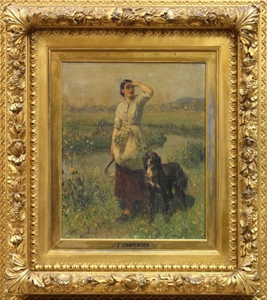 Portrait Of A Woman And Her Dog Oil Painting by Evariste Carpentier