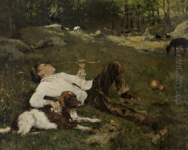 Jeune Berger Couche Dans L'herbe En Compagnie De Son Chien Oil Painting by Evariste Carpentier