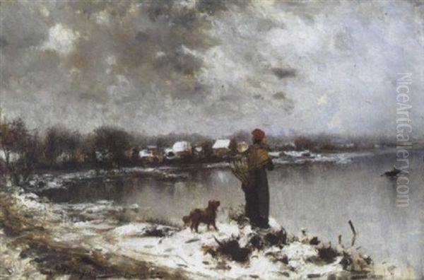 Sneeuwlandschap Met Vrouw Bij De Pont by Evariste Carpentier