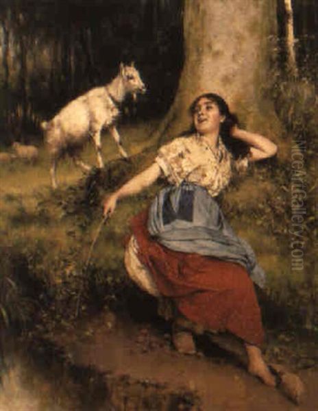 A Shepherdess Resting By A Tree Oil Painting by Evariste Carpentier