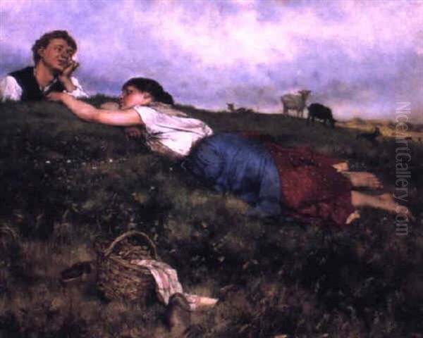 Young Lovers On A Hillside Oil Painting by Evariste Carpentier