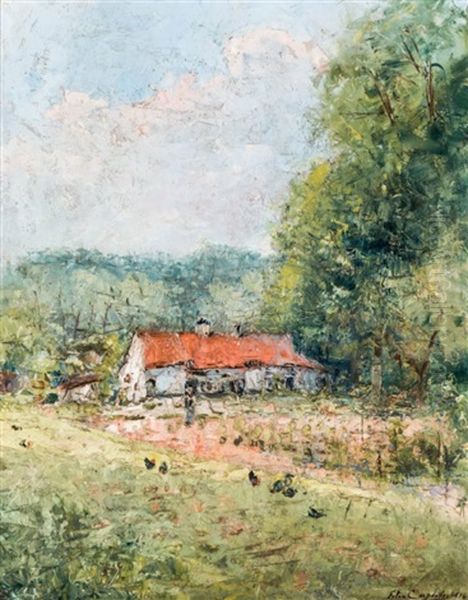 A Rural Farmstead Scene With Chickens Oil Painting by Felix Carpentier