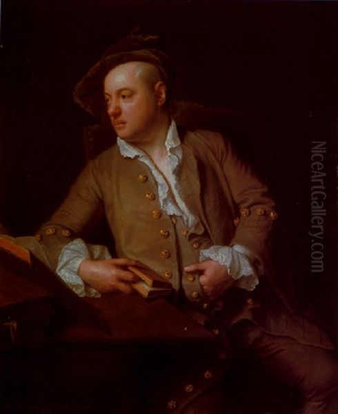 Portrait Of A Gentleman Seated At A Desk With Various Books, Wearing A Brown Coat And A White Shirt, Holding A Book In His Right Hand Oil Painting by Adriaen Carpentiers