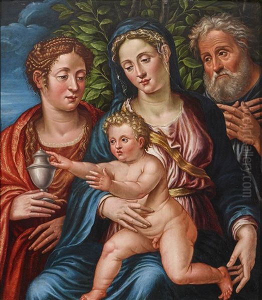 The Holy Family With St. Mary Magdalen Oil Painting by Girolamo da Carpi