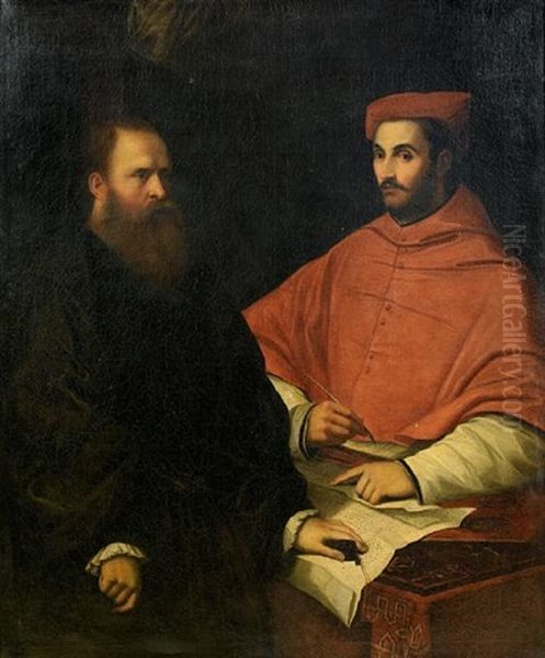 Portrait Of Cardinal Ippolito De Medici And Monsignor Mario Bracci Oil Painting by Girolamo da Carpi