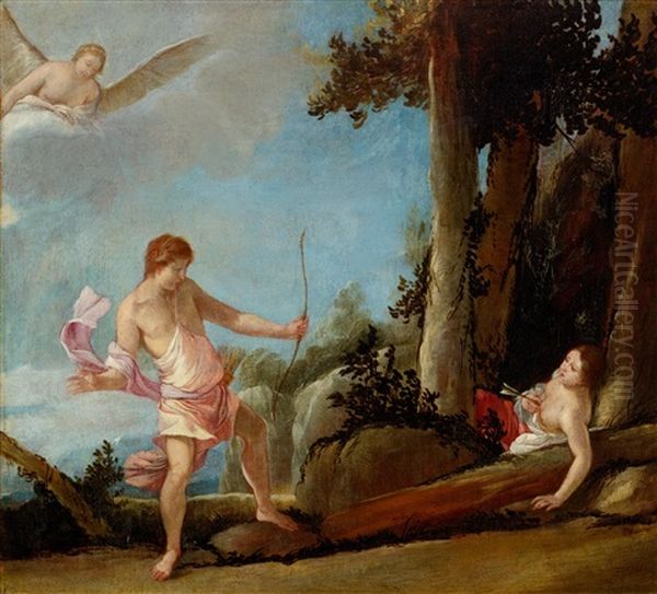 Silvio Wounds The Nymph Dorinda Oil Painting by Giulio Carpioni