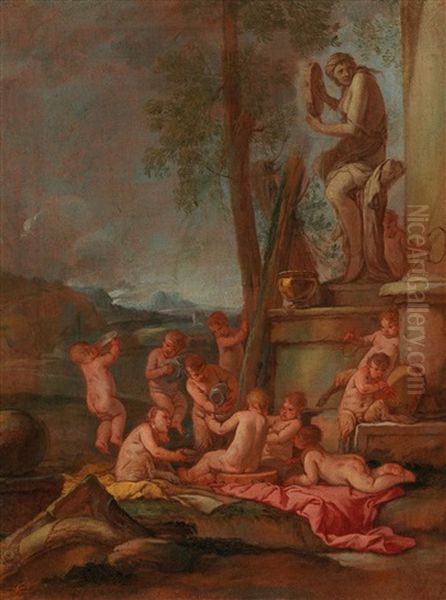 Putti In A Landscape Oil Painting by Giulio Carpioni