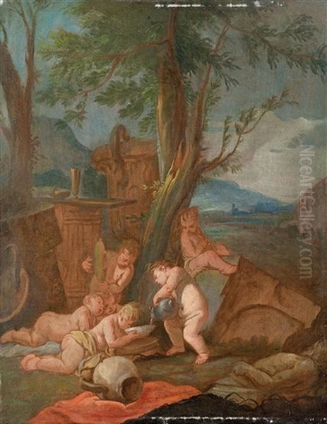 In Einer Landschaft Spielende Putti Oil Painting by Giulio Carpioni