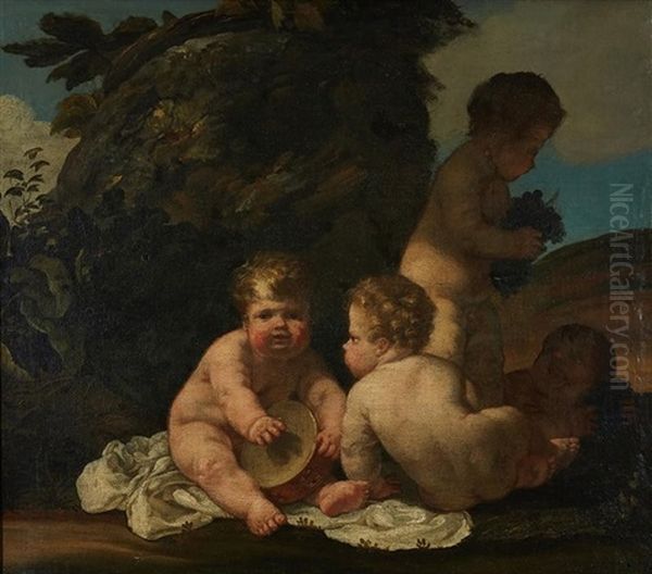 Putti Au Tambourin Et Grappe De Raisins Oil Painting by Giulio Carpioni