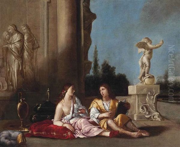 The Poet And His Muse At Rest In A Courtyard Oil Painting by Giulio Carpioni