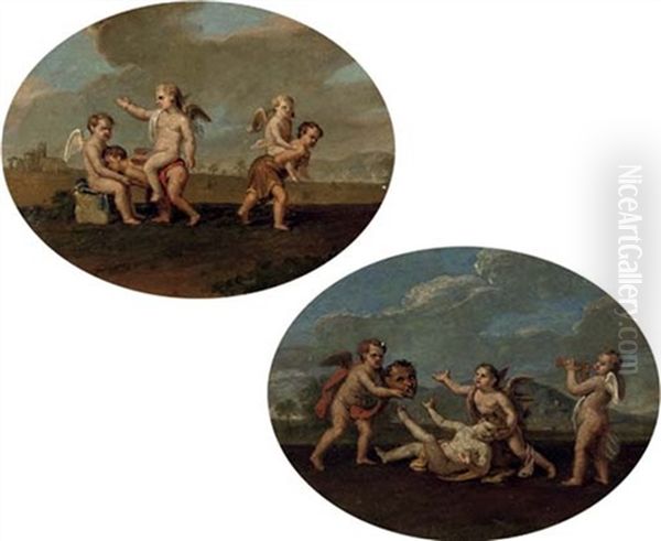 Putti Playing Piggy-back-ride In A Landscape (+ Putti Playing With A Mask And Playing The Trumpet; 2 Works) Oil Painting by Giulio Carpioni