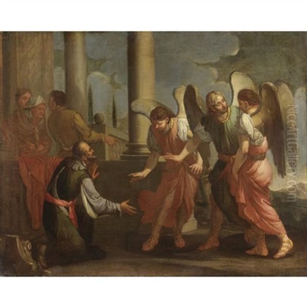 Abramo E I Tre Angeli Oil Painting by Giulio Carpioni