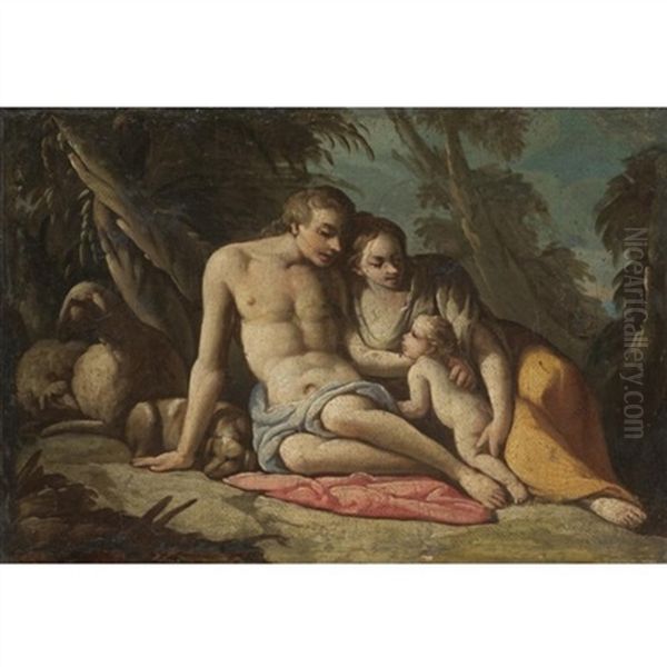 A Shepherd Family Resting In A Wooded Landscape Oil Painting by Giulio Carpioni