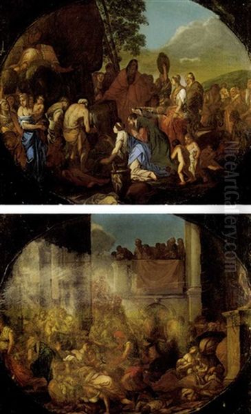 Moise Frappant Le Rocher (+ Le Massacre Des Innocents; Pair) Oil Painting by Giulio Carpioni