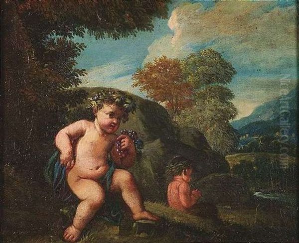 Kleine Bacchanten Beim Spiel In Arkadischer Landschaft by Giulio Carpioni