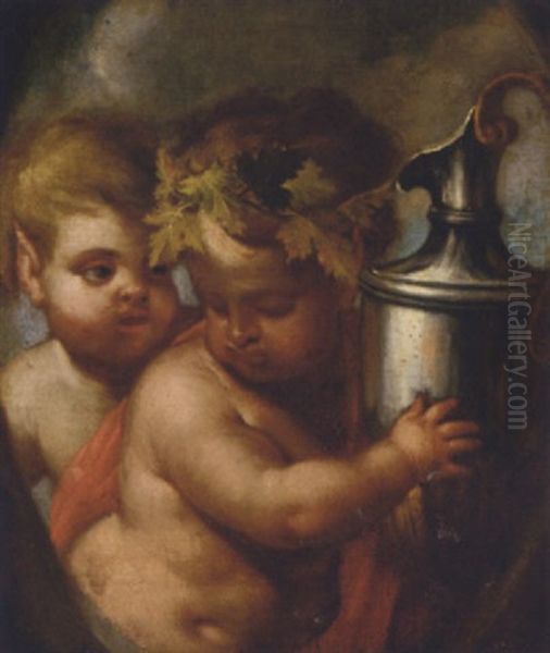 The Infant Bacchus With A Satyr by Giulio Carpioni